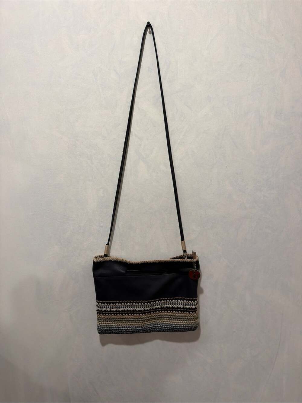 Vintage The Sak Black Leather/Hand Crocheted Crossbody Bag Made in Bali